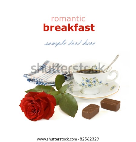 Romantic breakfast with red rose, cup of coffee and sweets on white (with sample text)