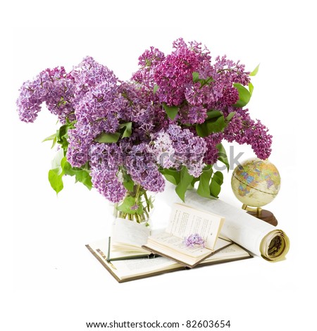 World Teacher Day (with bunch of lilac, books, globe and map isolated on white)
