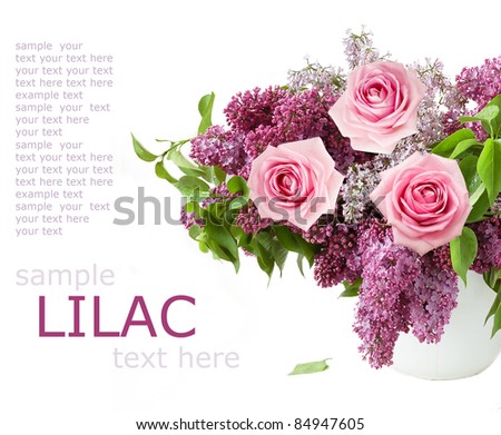Rich bouquet with lilac and pink roses isolated on white with sample text