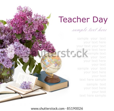 Teacher day (still life with bunch of lilac, books and globe isolated on white)