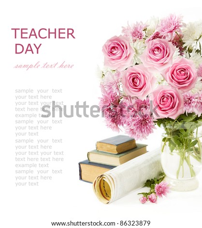 Teacher day (still life with bunch of  pink roses, books and map isolated on white)