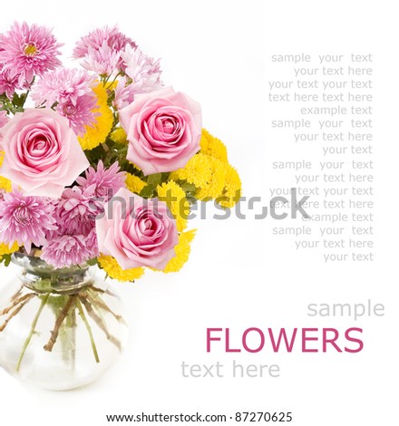 Bunch of roses and autumn flowers in vase isolated on white with sample text