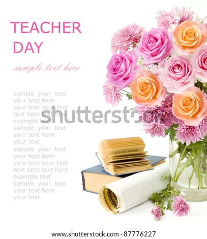 Teacher day (still life with bunch of pink and cream roses, books and map isolated on white)