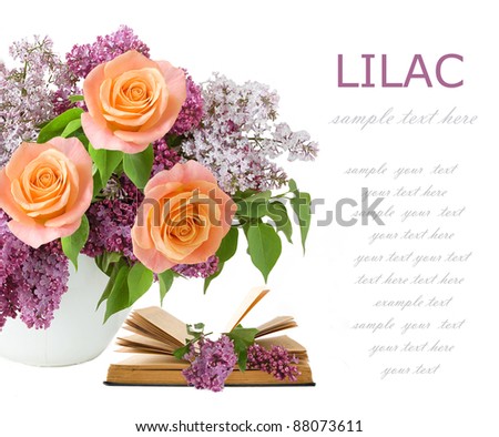 Teacher day (still life with bunch of lilac, cream roses and books isolated on white)