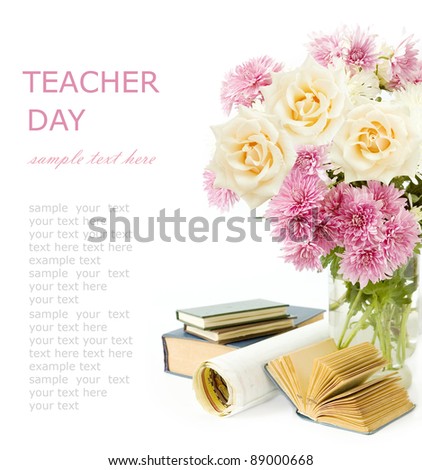 Teacher day (still life with bunch of cream roses, books and map isolated on white)