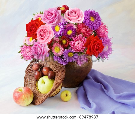 Bunch of red roses and asters in vase and fruits on painting background