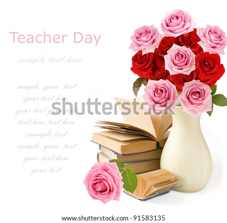 Teacher day (still life with bunch of pink and red roses and books isolated on white)