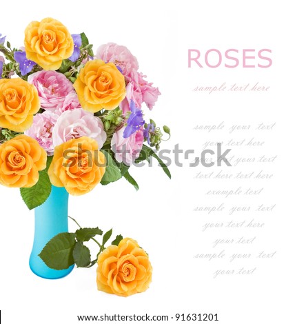 Bunch of cream and yellow roses and wild blue flowers in vase isolated on white with sample text