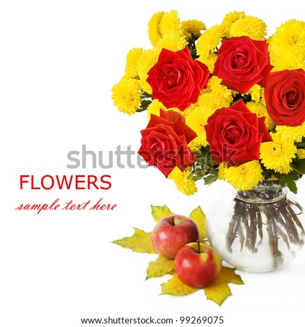 Huge bunch of autumn flowers and roses, apples and autumn maple leaves isolated on white background with sample text