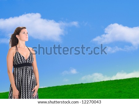 woman standing in a wind with hair blowing, isolated on white