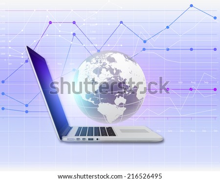 Laptop with globe and projecting financial charts in the background illustration