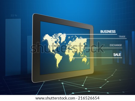 Tablet showing a world map with the notation of points of world trade