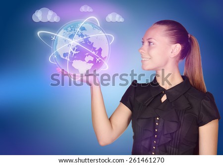 woman showing holding on world map globe