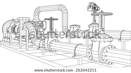 Wire-frame  industrial equipment oil and gas pump. Tracing illustration of 3d. EPS 10 vector format.