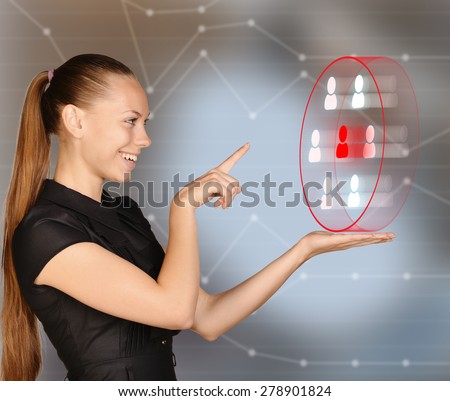 Girl touches forefinger in man group icon.