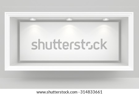 Exhibit Showcases with blank paper poster and light bulbs.