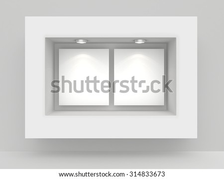 Exhibit Showcases with blank paper poster and light bulbs.