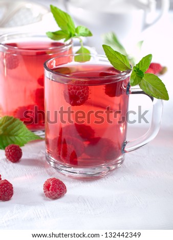 Summer raspberry cold drink (juice, cocktail, fruit tea) with mint on top.