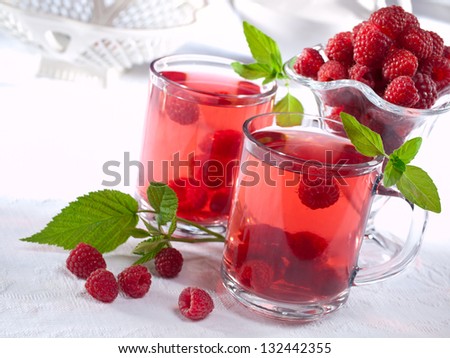 Summer raspberry cold drink (juice, cocktail, fruit tea) with mint on top.