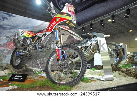 BATALHA, PORTUGAL - January 30, 2009:  Paris-Dakar motorcycle, BMW Stand in Expomoto Motorcycle Show on January 30, 2009 in Batalha, Portugal.