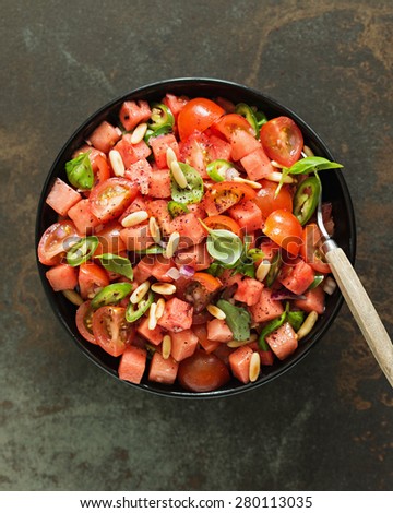 Tomato and Watermelon Salad. Shallow Depth of Field.
