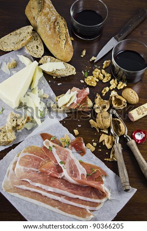 Pecorino Cheese, Parma Ham, Walnuts, Bread and Wine.