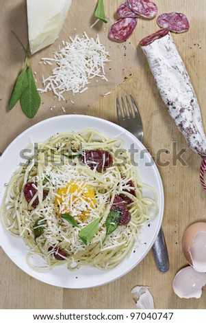 Pasta with Salami, Cheese and Sage. Topped with Soft Egg Yolk.