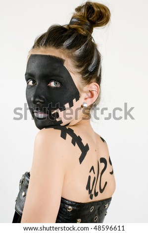 Teenage fashion girl painted with black makeup and black dress on white background