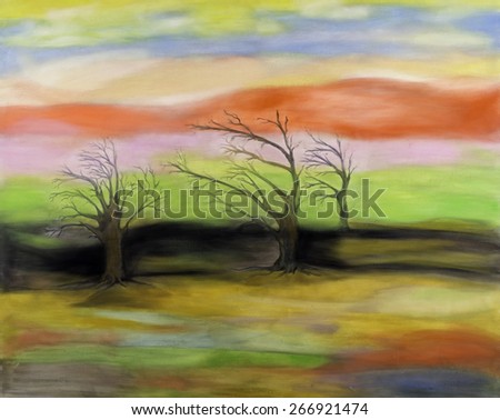 oil painting of windswept trees in the background of a summer sunset