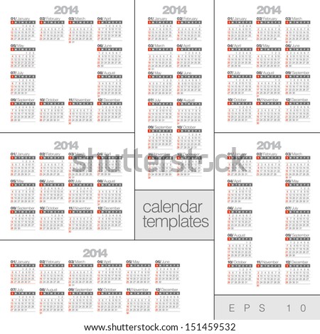 2014 Set Modern calendars design in two three four and six columns 2014 Set Modern calendars design in two three four and six columns