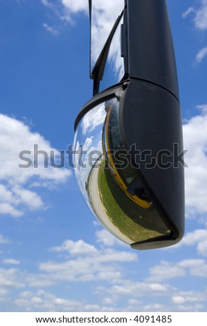 blue, sky, clouds, mirror, reflection, school, bus, transportation, safety, education, outdoors, summer, field trip, rearview