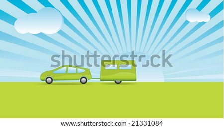 Simplistic style car and caravan with a green theme heading on vacation
