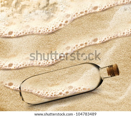 empty Bottle in the beach sand with copy space to add your message inside the Bottle.
