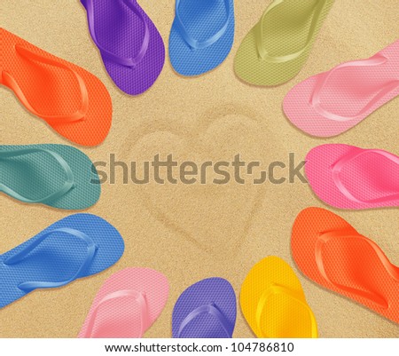 a pair of flip flops on the beach sand, Summer back concept.