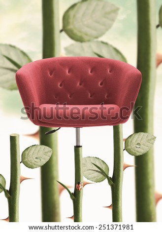 Red Chair with rose stem and thorn.
