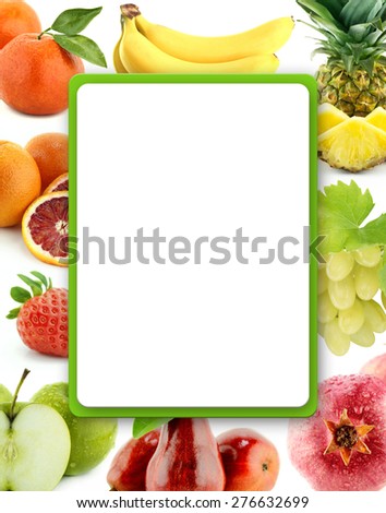 Healthy Organic Vegetables and Fruits on a white Background. Art Border Design with copy space to add text.