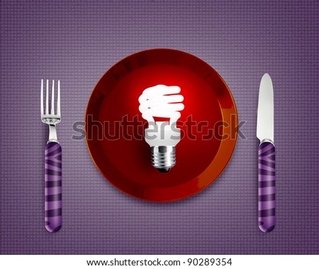 Creative Thinking With Brainstorming, glow lamp in red plate knife and fork.