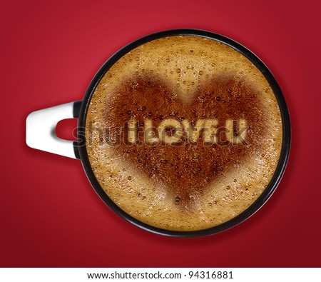 coffee art, Valentine\'s Day, A cup of cappuccino with Heart shaoe pattern and i love you Sentence in a cup on red background.