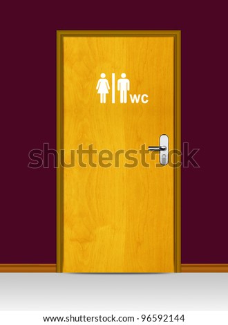 Sign of public toilets WC on wooden door