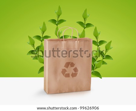 paper bag with green twig and recycle sign, Ecological awareness concept
