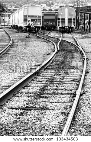 Train freight cars parked and waiting for dispatch on steel rail tracks in a transportation railway line depot railroad yard