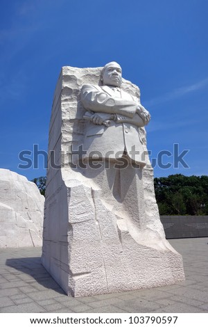 Civil rights leader Dr Martin Luther King Jr Memorial statue and granite mountain at West Potomac Park on the landmark National Mall in the United States capital of Washington DC