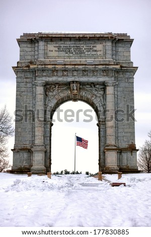 National Memorial Arch of the Continental of the Army American Revolutionary War in winter snow at Valley Forge National Historical Park military camp of the near Philadelphia in Pennsylvania