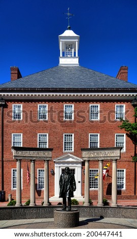 US Supreme Court justice Thurgood Marshall  memorial statue column with Equal Justice Under Law carved inscription on monument on Lawyer's Mall at State House Square in Maryland capital city Annapolis