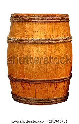 Antique whisky barrel or wine cask wood liquid container with vintage wooden hoops isolated on white background
