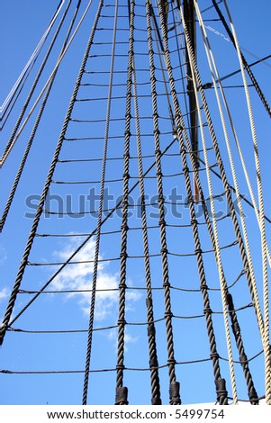 Tall sail ship rigging ropes and shroud over blue sky