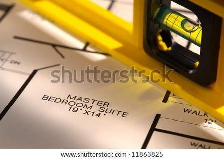 Construction bubble spirit level and new house floor plan