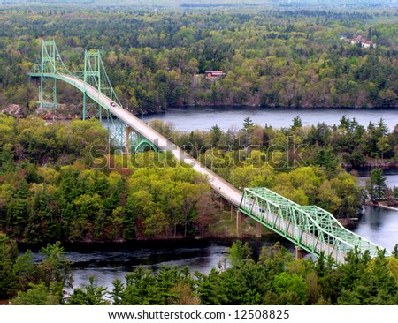Thousand Islands International Bridge in Ontario with Ivy Lea Park, Georgina Island and Constance Island, viewed from above