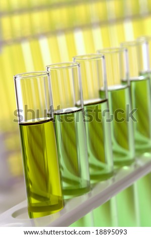 Laboratory glass test tubes filled with yellow liquid and green chemical solution on a rack for an experiment in a science research lab