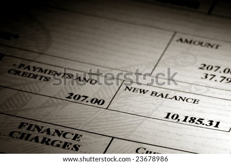 High credit card dollar amount of an outstanding debit balance on a bank revolving charge account monthly financial statement showing significant finance debt and insufficient payment